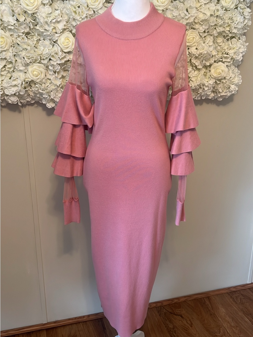 Pink Sheer Panel Ruffle Sleeve Knit Midi Dress